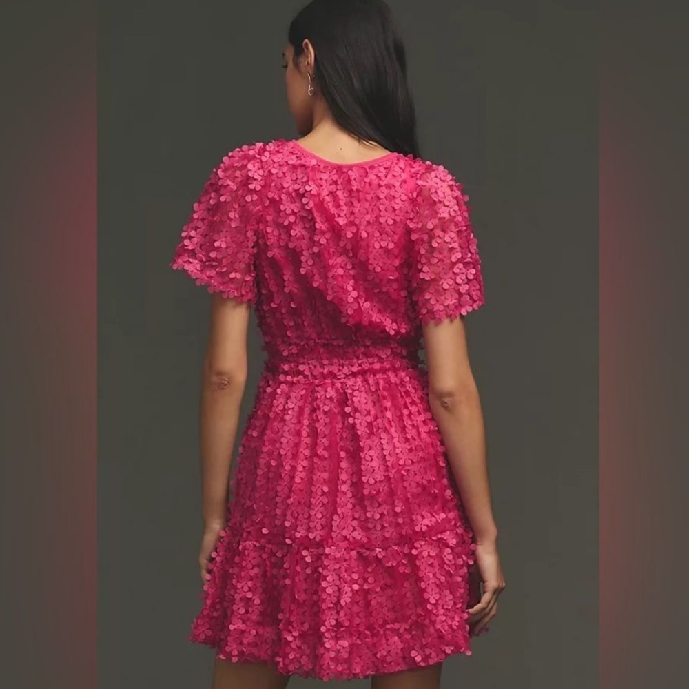Anthropologie Pink Floral Appliqué Mini Dress